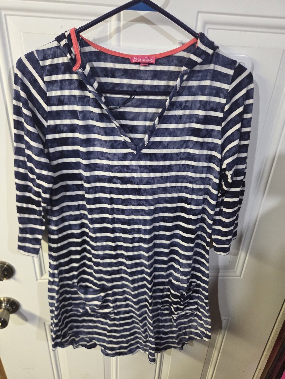 Sandiva Navy and White Striped V-Neck Tunic with Coral Trim